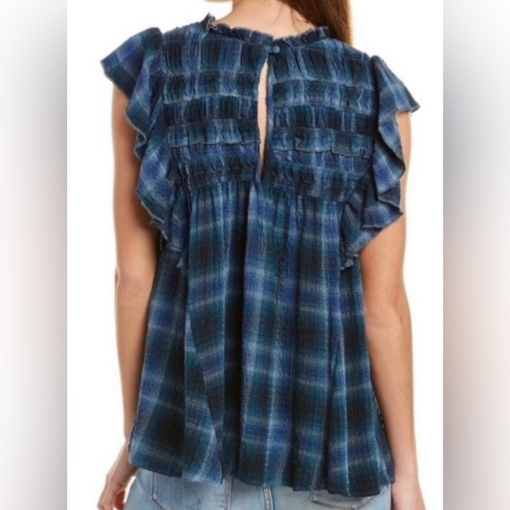 ⭐ Free People Blue Plaid Ruffle Trimmed Short Sleeve Smocked Neckline Blouse XS - Picture 5 of 13
